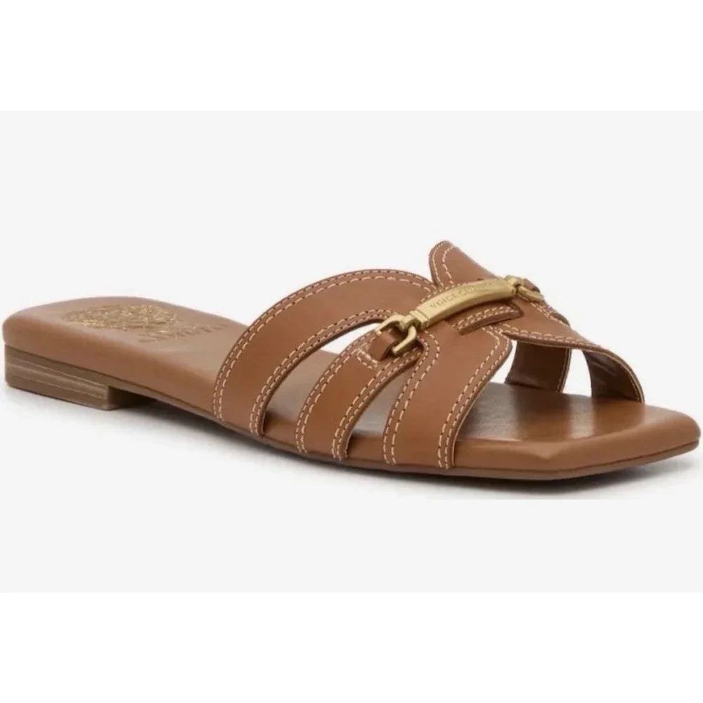 NIB Vince Camuto Arisha Sandals 11 M Brown Leather Slip-On Square Toe Flat Logo